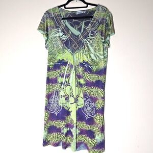 Unity World Wear Dress Womens M Boho Tribal Paisley Beaded Neckline Short Sleeve